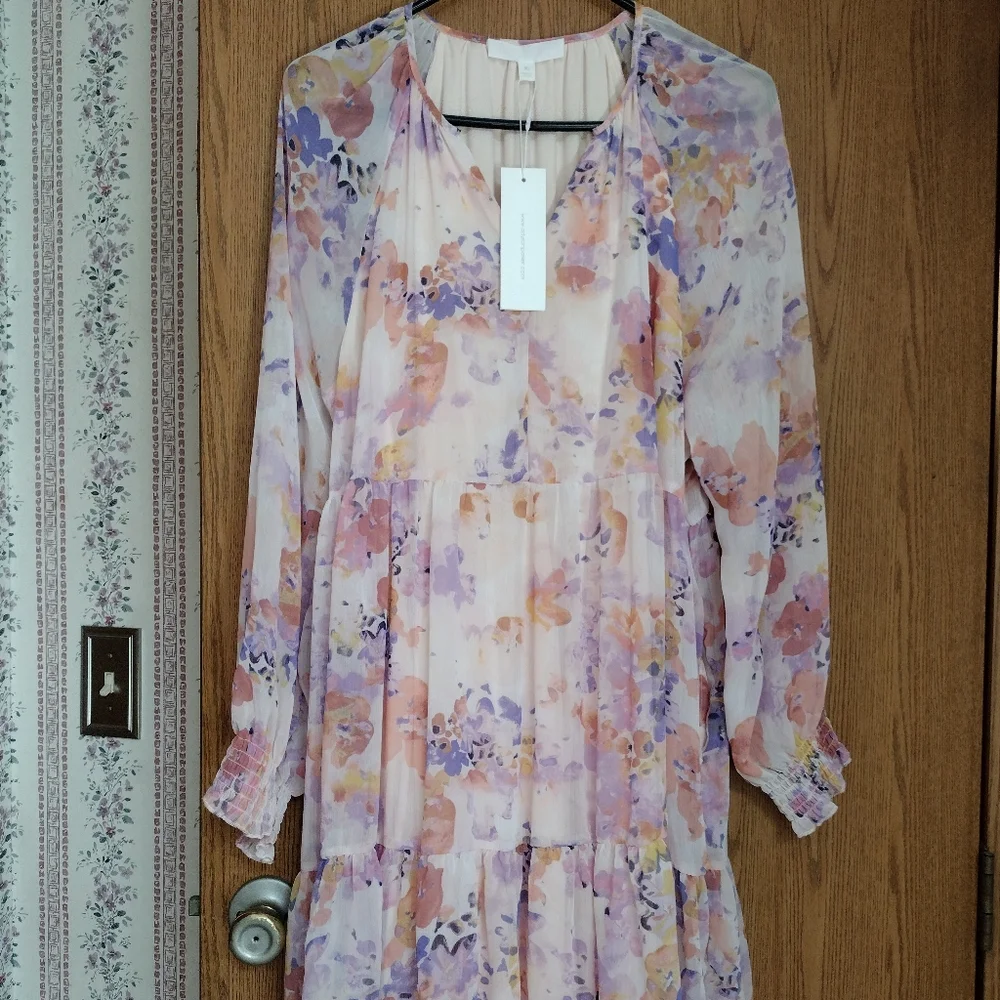 adyson parker XL Floral Tiered Puff Long Sleeve Strawberry Cream Dress - Picture 2 of 11